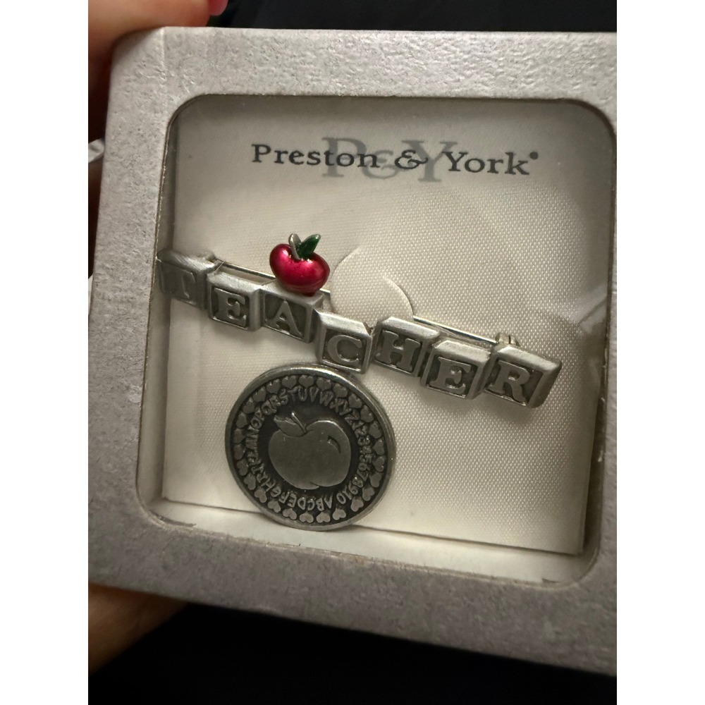 Preston & York Teacher Brooch Pin Silver Tone Red Apple Charm School Gift Boxed